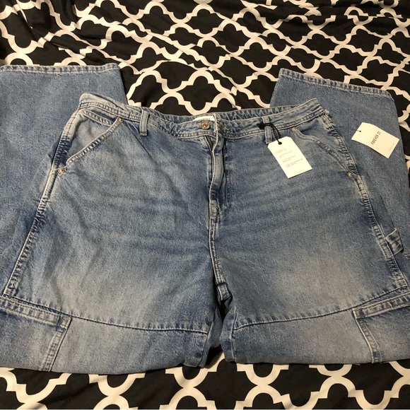 Forever 21 Denim - Forever 21 Womens Cargo Pants Size 34 Blue Denim Jeans Relaxed Fit Straight Leg